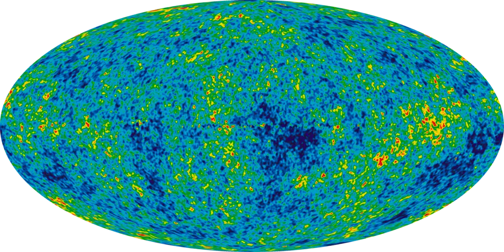 The WMAP nine-year map of the cosmic microwave background, mottled with primordial temperature ripples