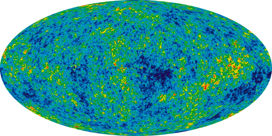 The all-sky map of the cosmic microwave background from the WMAP satellite, showing tiny temperature fluctuations as coloured mottling